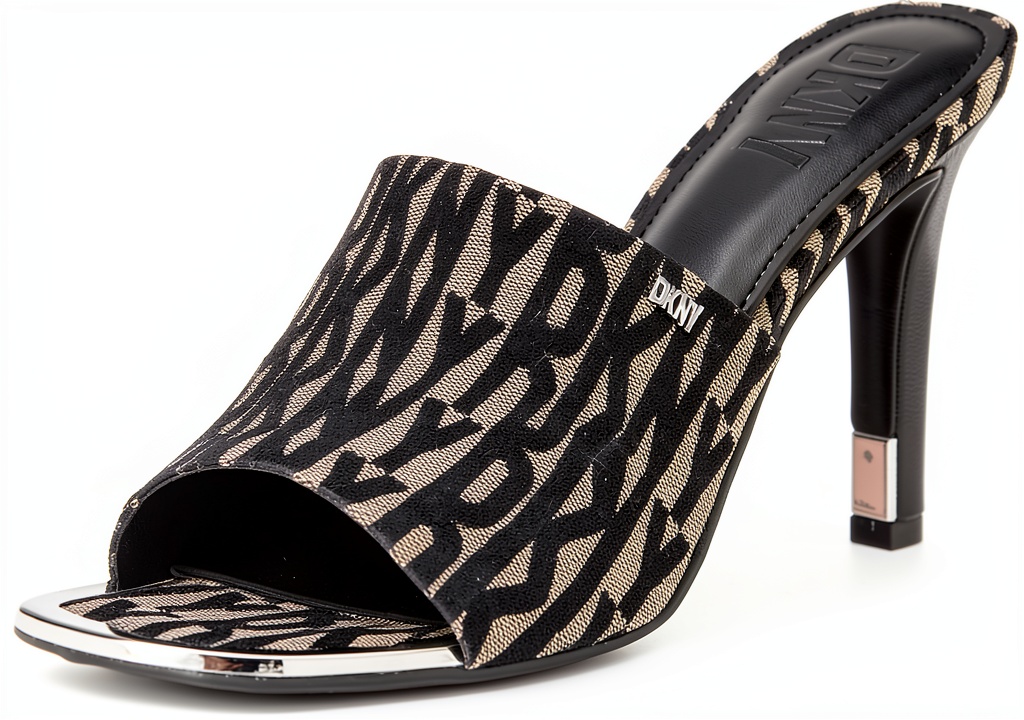 DKNY Heeled Sandals in Black Eggnog color on a neutral background