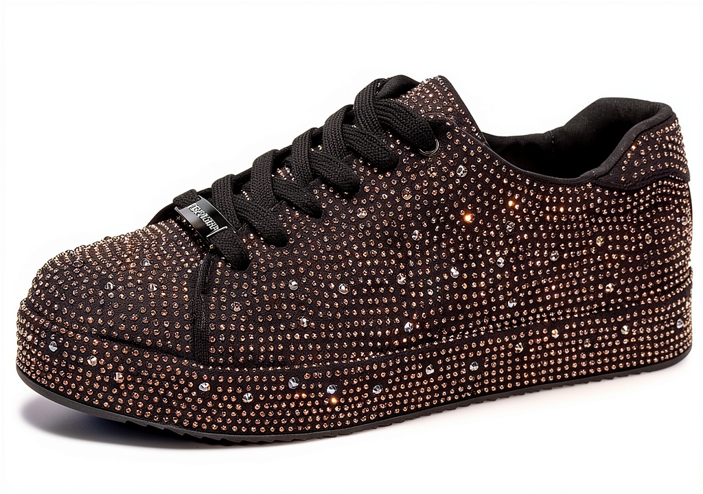 'Rhinestone sneakers showcasing sparkly mesh design on a neutral background'