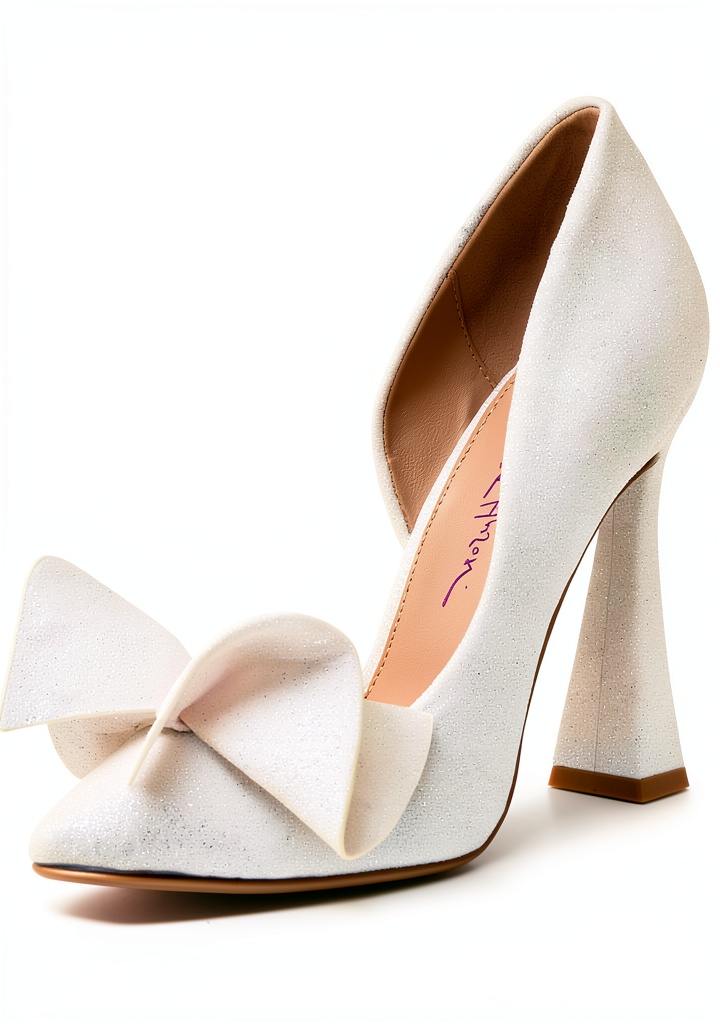 Betsey Johnson womens pumps with metallic bow on a dresser